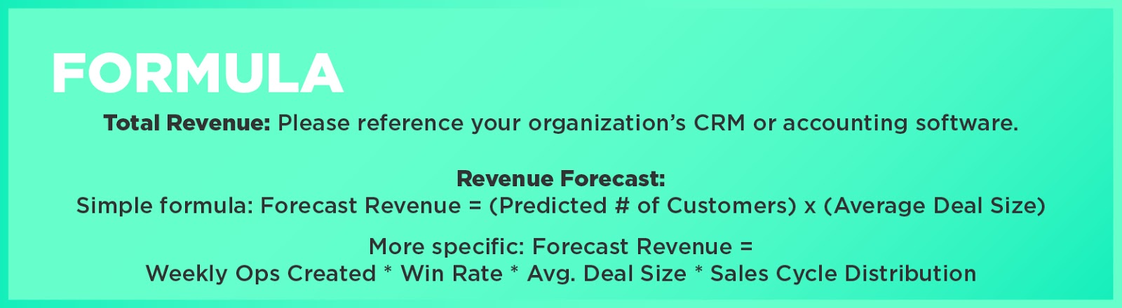 Formula: Total Revenue: Please reference your organization’s CRM or accounting software.Revenue Forecast: Simple formula: Forecast Revenue = (Predicted # of Customers) x (Average Deal Size)More specific: Forecast Revenue = Weekly Ops Created * Win Rate * Avg. Deal Size * Sales Cycle Distribution